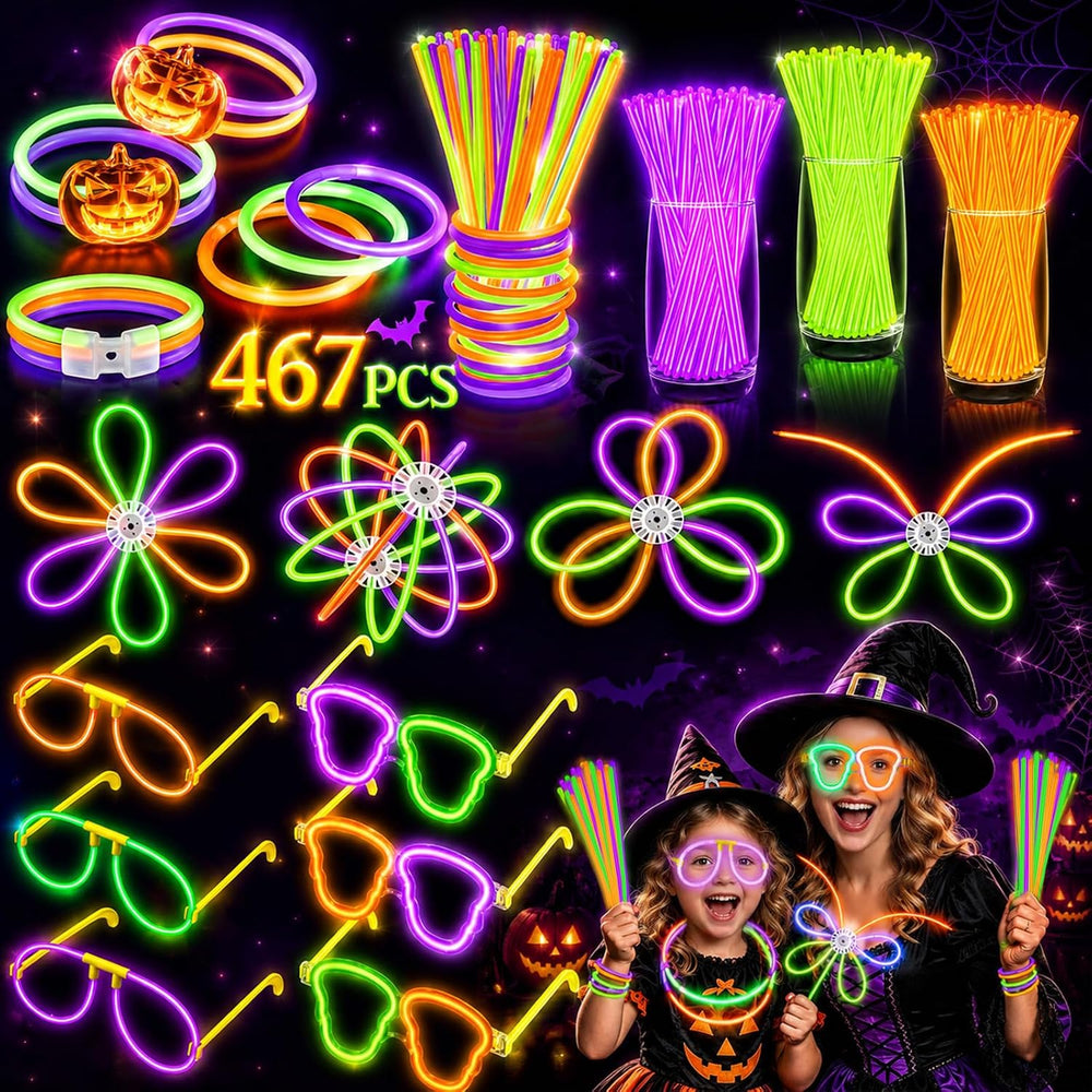 BUDI 467Pcs Halloween Glow Sticks Party Favors, Glow in the Dark Party Pack