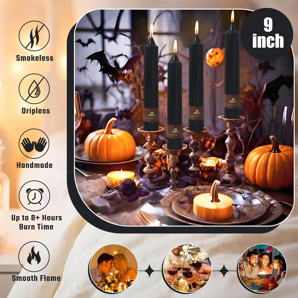 Black Halloween Taper Candles 4 Pack Hand-Poured 9 Inch Unscented Long Tapere...
