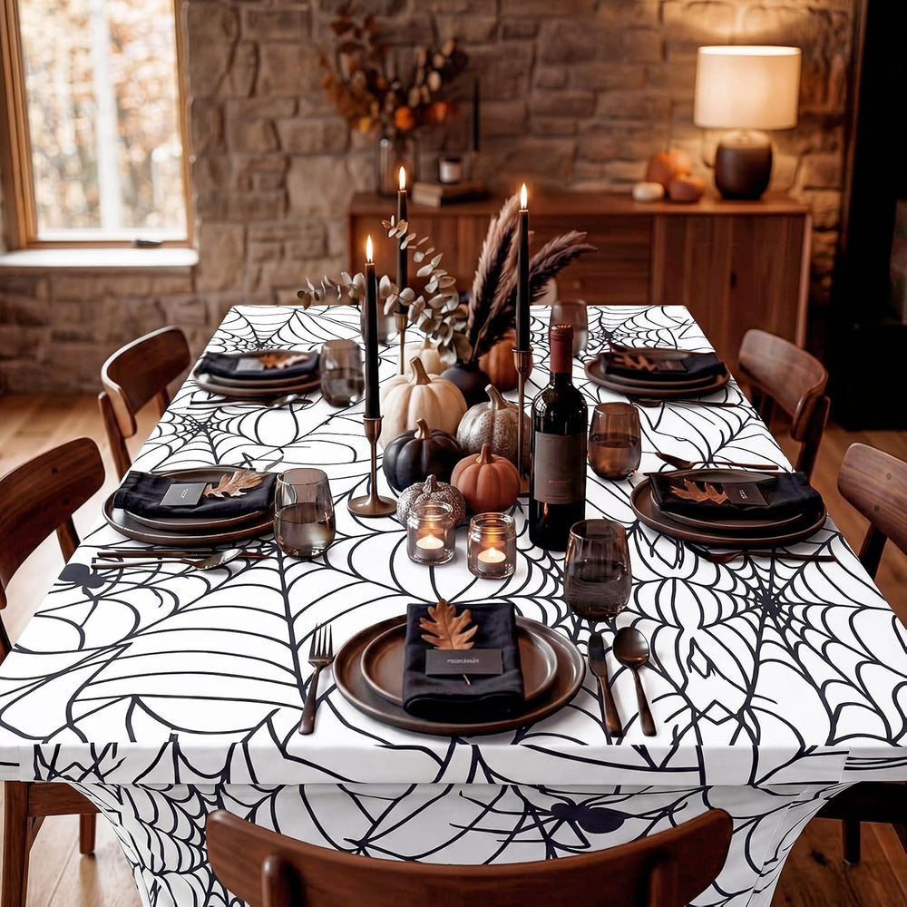 Frienda 2 Pcs Halloween Tablecloth 6ft White Spiderweb Stretch Table Covers