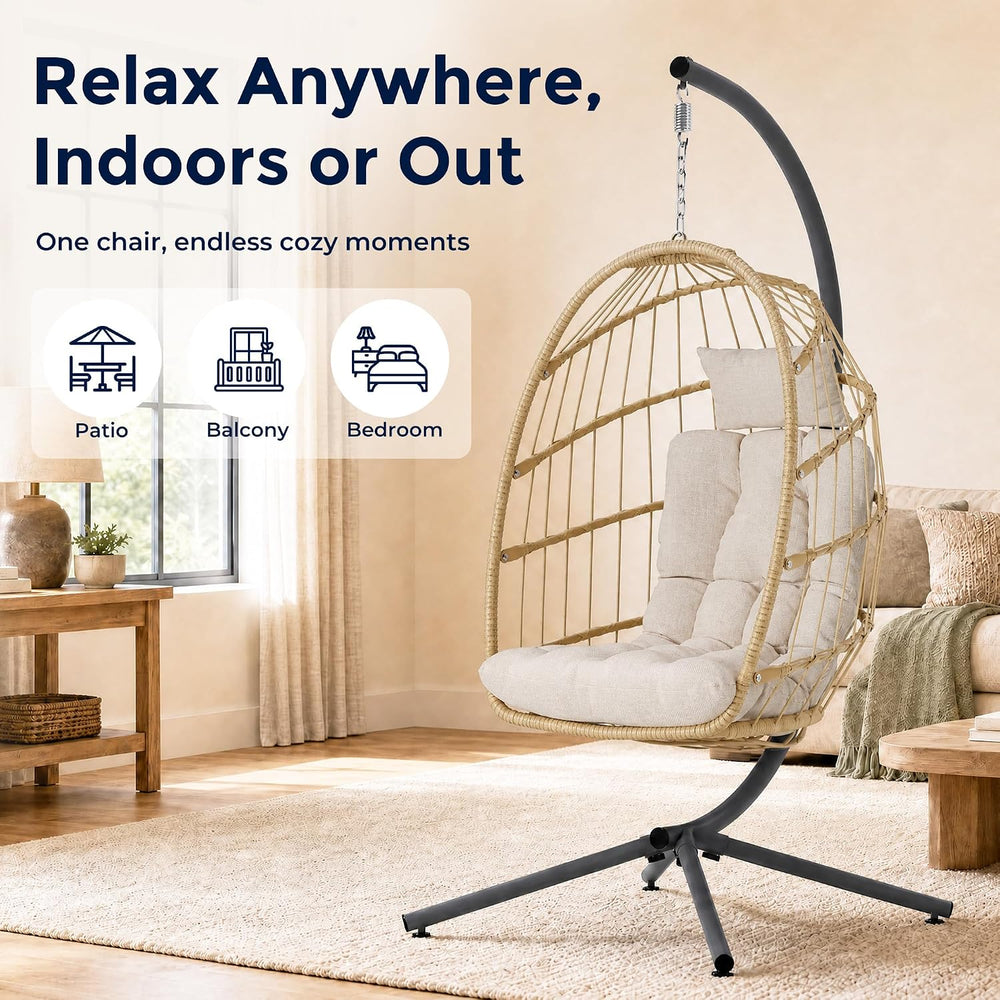 SWITTE Egg Chair Outdoor with Stand, Indoor Wicker Hanging Egg Swing, Cream
