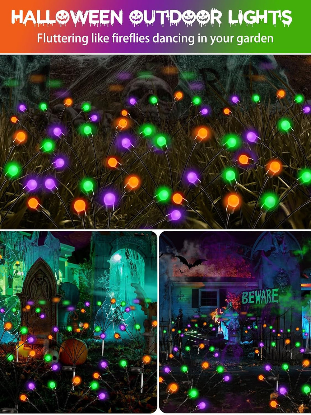 Halloween Solar Lights Outdoor, 6 Pack Firefly Lights Halloween Decorations