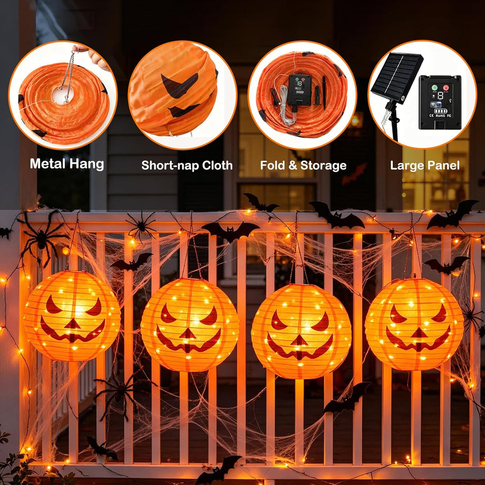 HUGSVIK 4Pcs Solar Pumpkin Lantern Outdoor Hanging Halloween Decorations