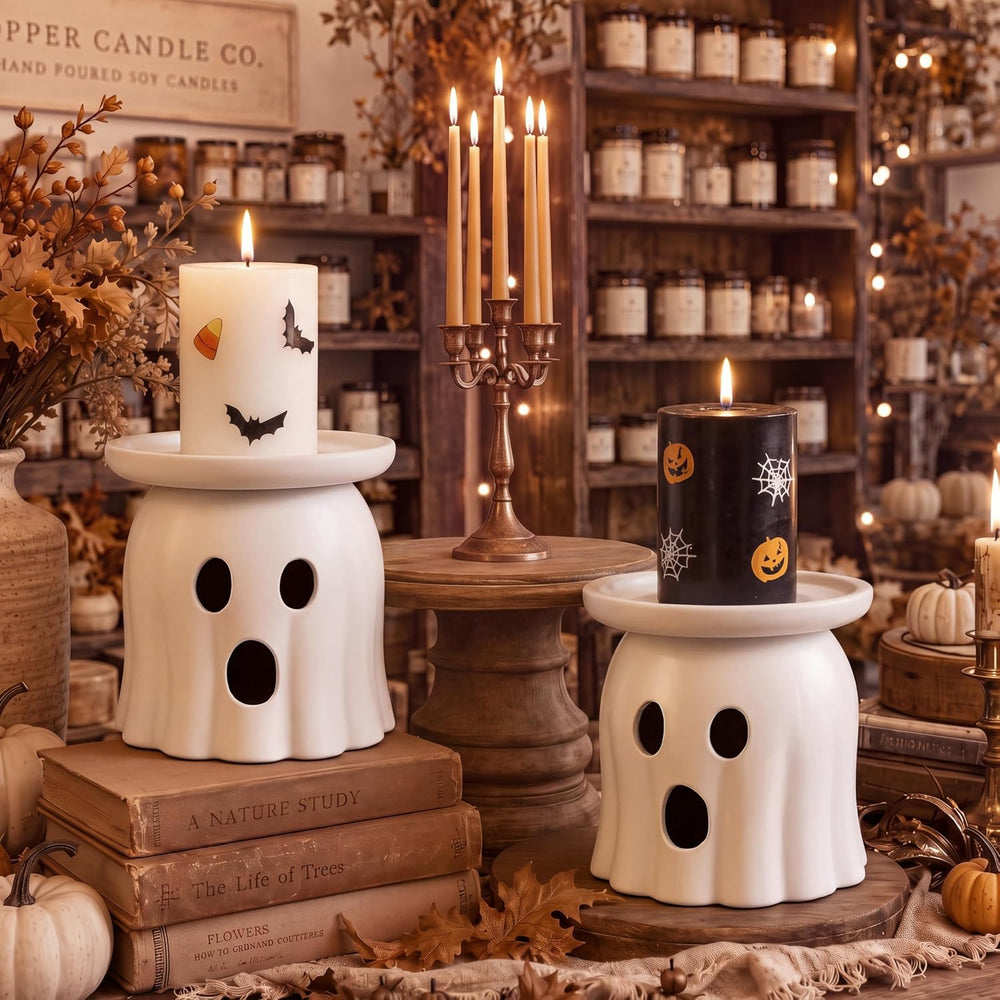 Tioncy 2 Pcs Halloween Terracotta Ghost Candle Holder Table Decor White