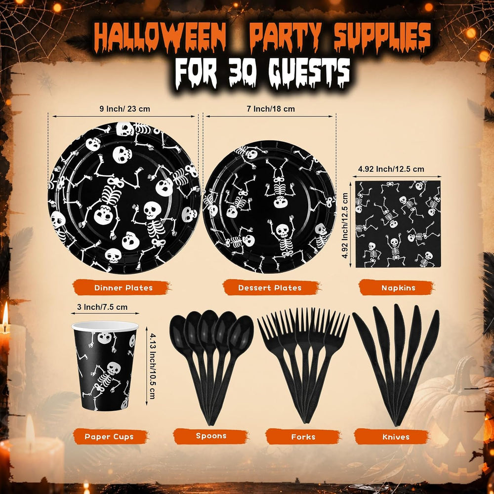 210 Pcs Halloween Skeleton Plates and Napkins Party Supplies for 30 Guests