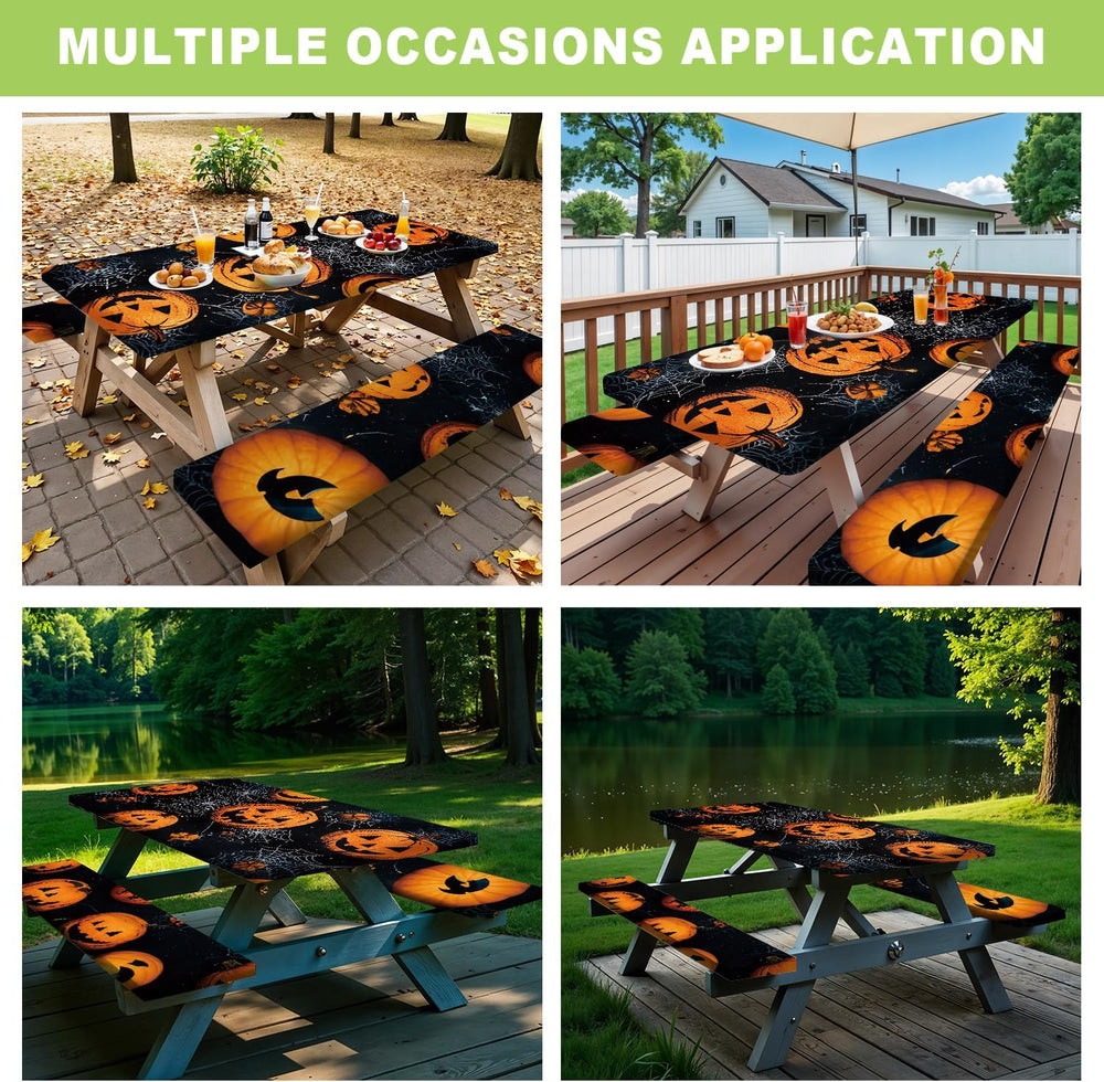 ANNA QUEEN Halloween Pumpkin 6FT Picnic Table Cover Set, Spooky 3PCS 72"...
