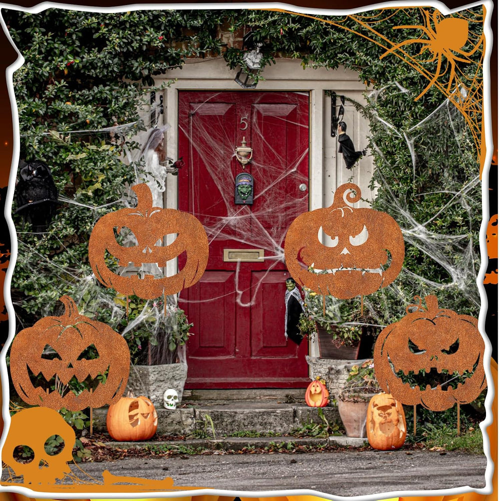 MorningRo 4 Pcs Halloween Outdoor Decoration Rusty Pumpkin Metal Yard Signs