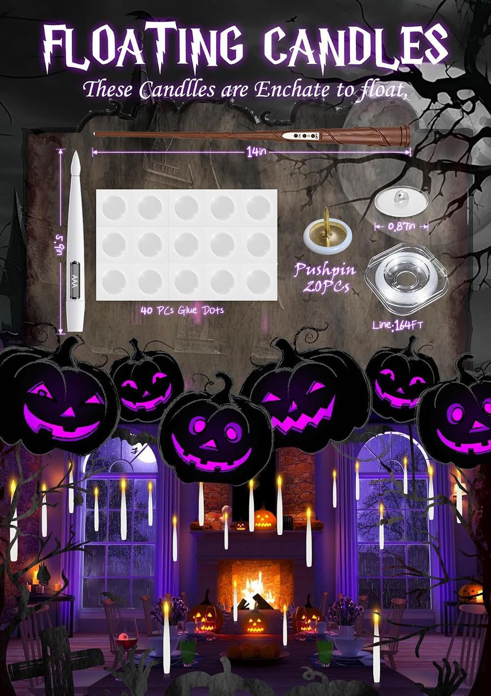 24 Floating Candles with Wand & 25 AAA Batteries Halloween Decor