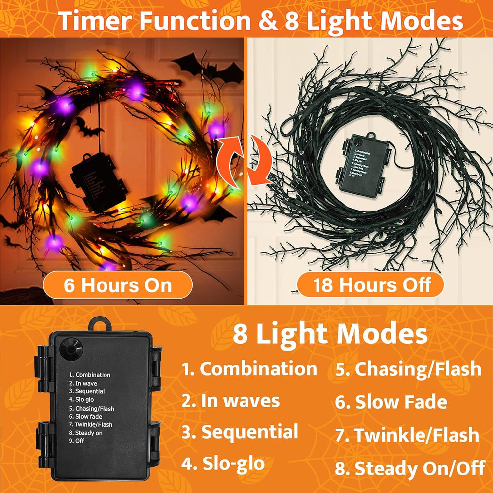 9Ft 72 LED Halloween Willow Vine Twig Garland with Lights - 8 Modes & Tim...