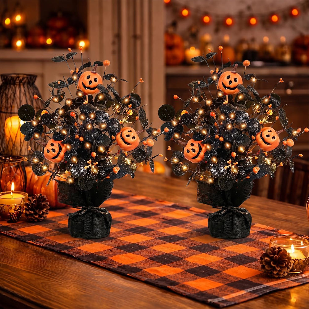 2Pack Lighted Halloween Table Tree, Halloween Pumpkin Decorations for Home