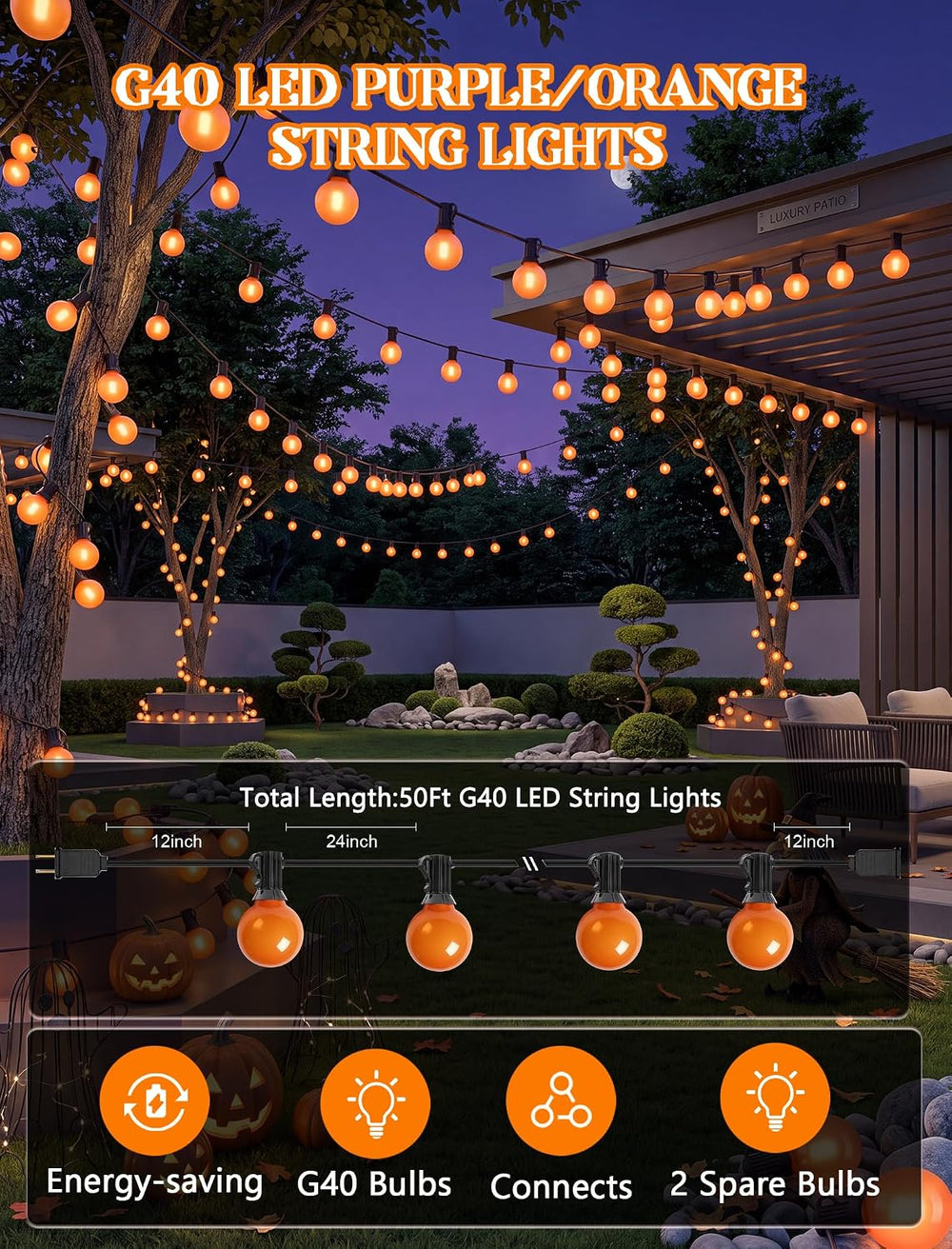 50FT Halloween Orange G40 LED Outdoor String Lights Plug in, 25 Globe Bulbs