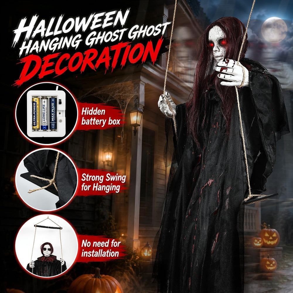 59" Scary Hanging Ghost Girl Halloween Decoration – Sound & Touch Ac...