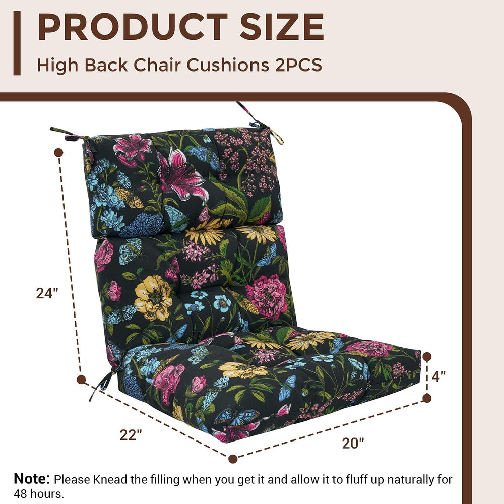 Indoor/Outdoor High Back Chair Cushions Set of 2-Black Flower Butterfly
