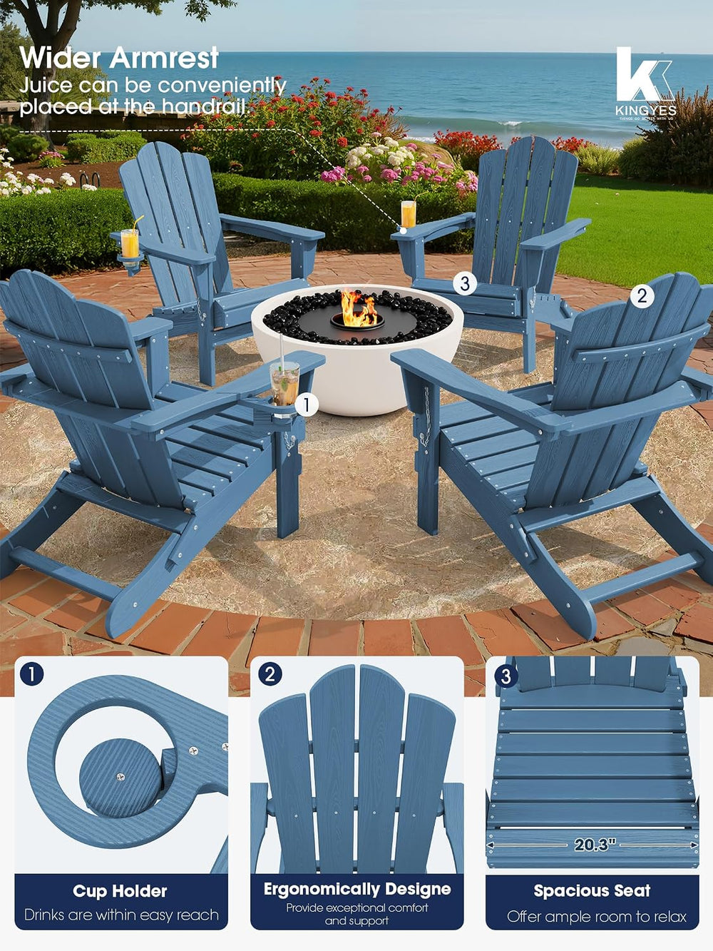 KINGYES Folding Adirondack Chair, All-Weather HDPE Material, Navy