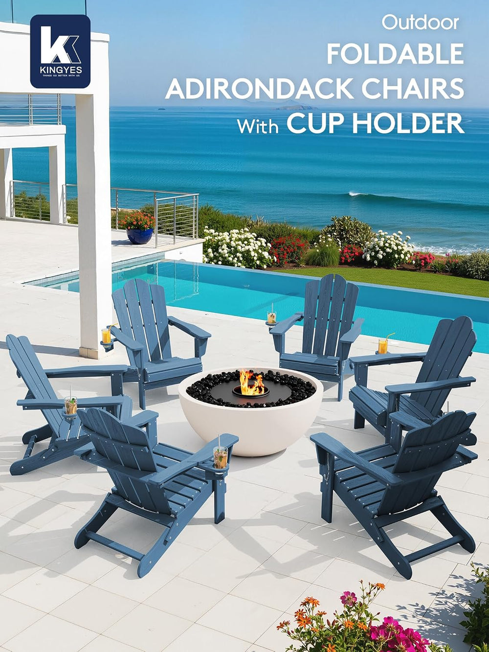 KINGYES Folding Adirondack Chair, All-Weather HDPE Material, Navy