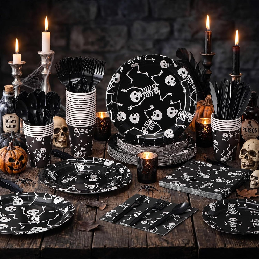 210 Pcs Halloween Skeleton Plates and Napkins Party Supplies for 30 Guests