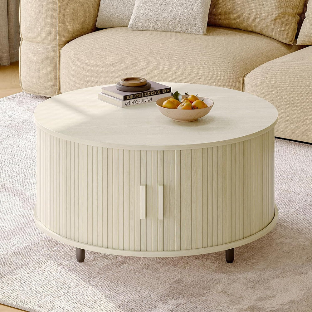 ONBRILL 31.5" Round Coffee Table w/Storage Adjustable Footpad Natural White