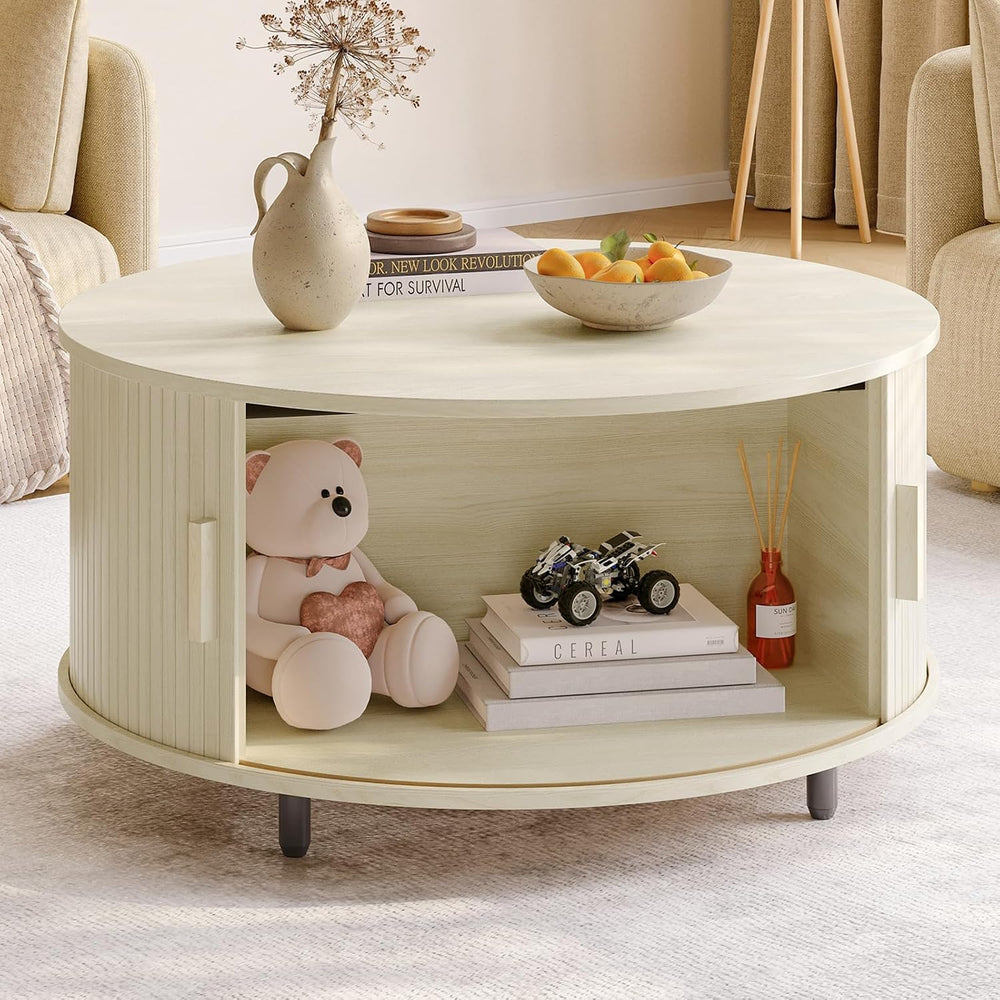 ONBRILL 31.5" Round Coffee Table w/Storage Adjustable Footpad Natural White