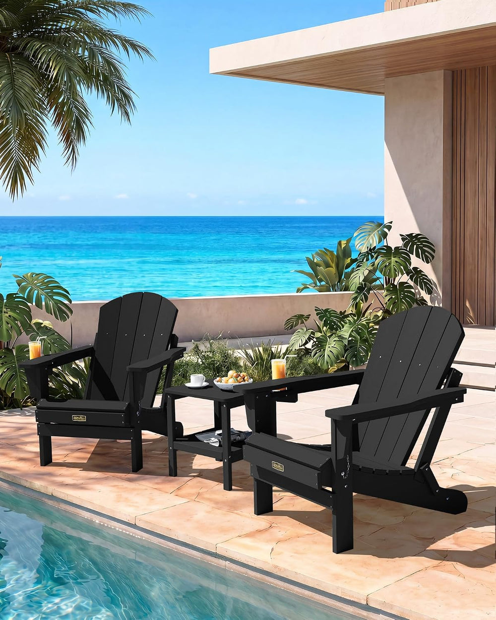 SERWALL Folding Adirondack Chairs with Cup Holder, Outdoor Fire Pit - Black