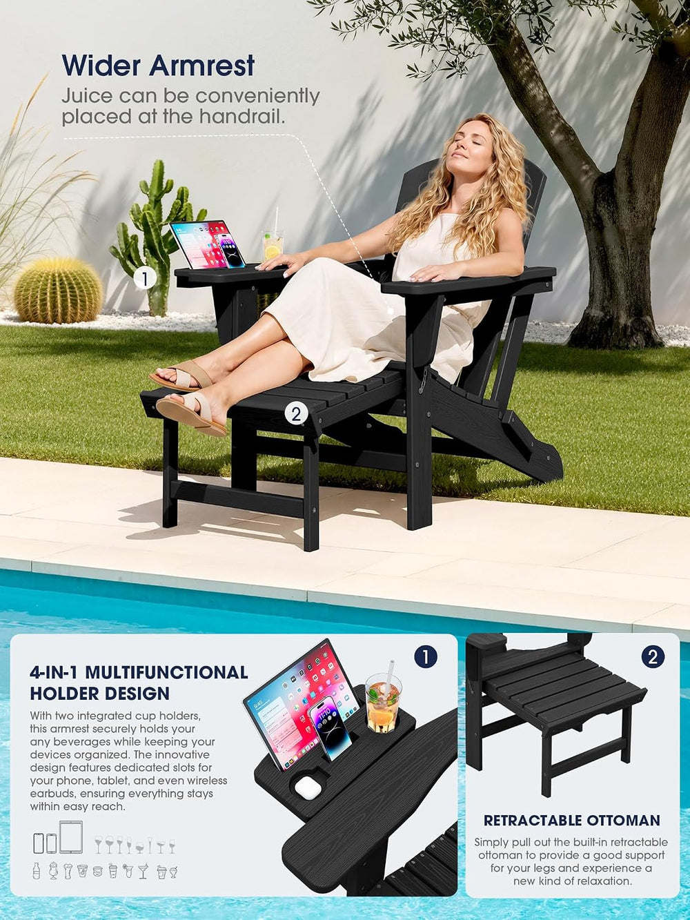 KINGYES Adirondack Chair with Footrest & 4-in-1 Cup Holder, Black