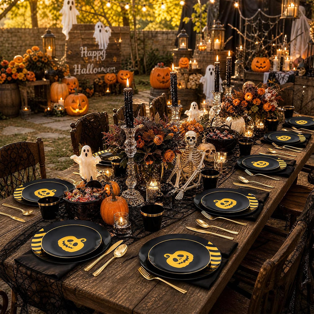 KIRE 25 Guest Halloween Plates Black Gold Plastic Plates Smiley Pumpkin inclu...