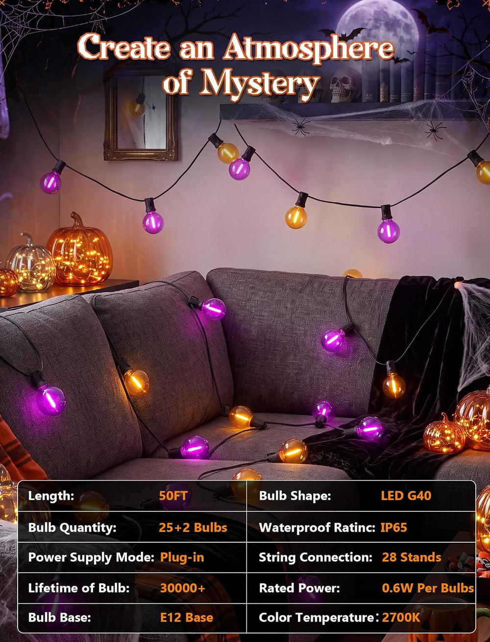 50FT Halloween String Lights Outdoor, G40 Orange and Purple LED Globe Patio L...