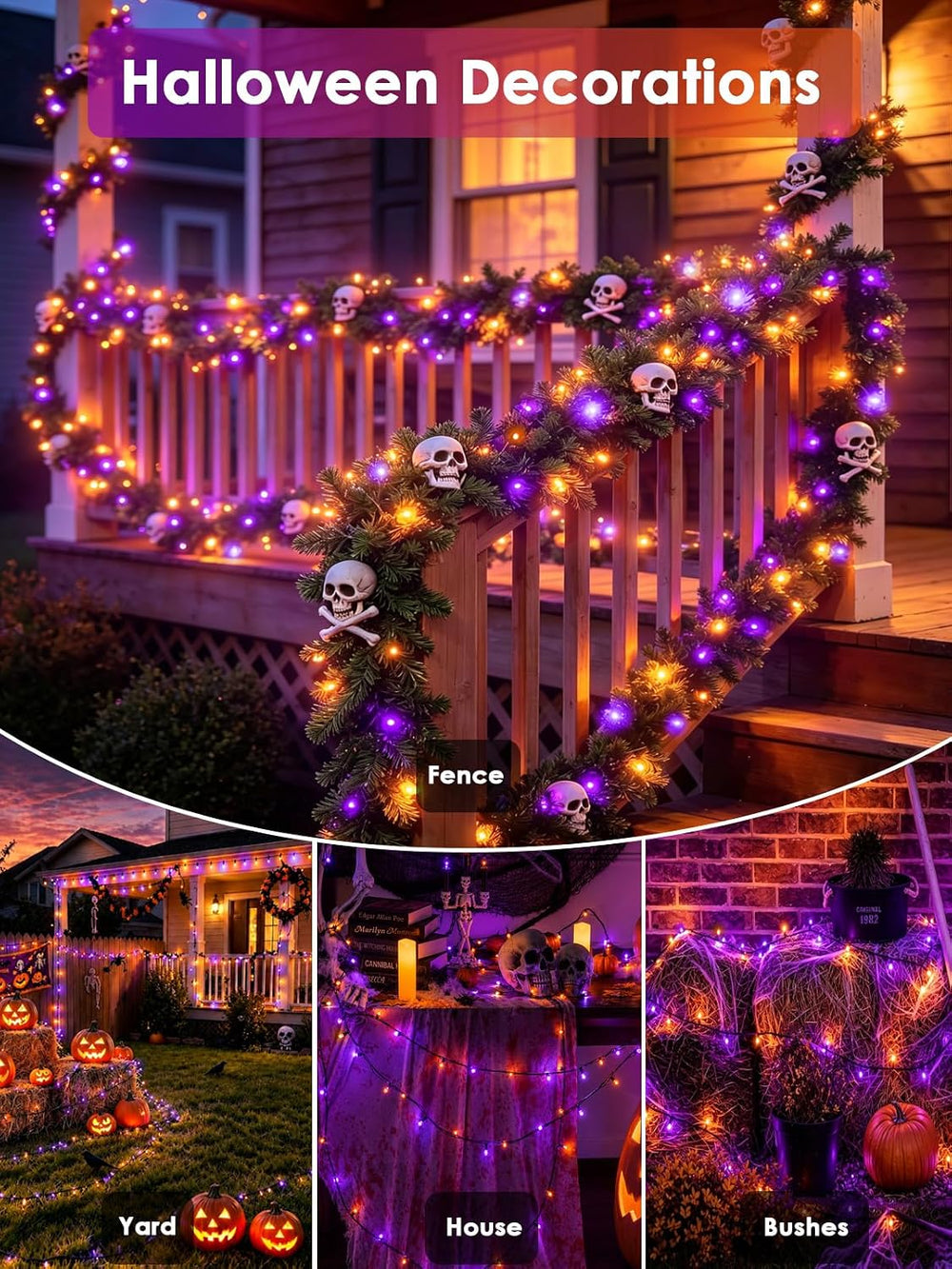 Solar Halloween Lights 4 Pack 152FT 400 LED String Lights Purple and Orange