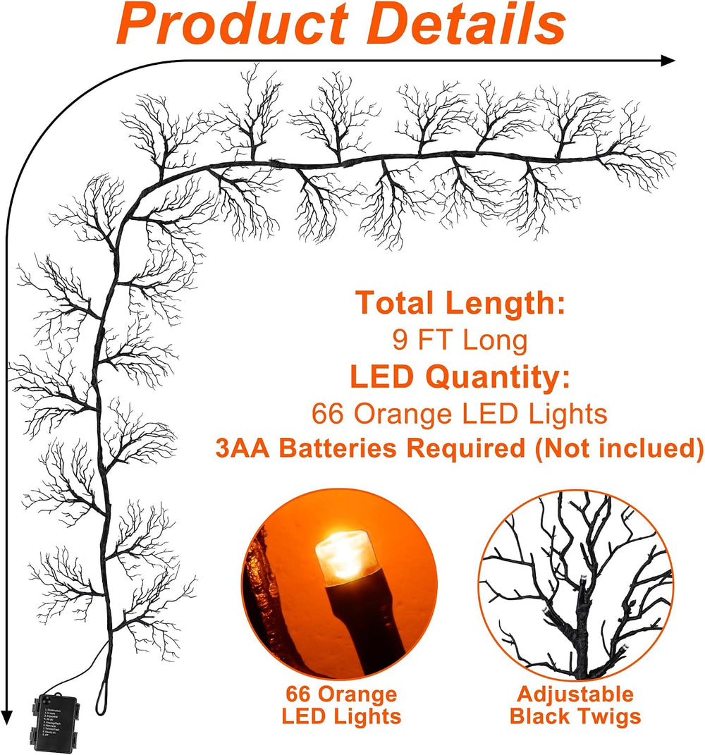 9 Ft 66 LED Willow Vine Twig Decor Black Halloween Garland with Orange Lights...