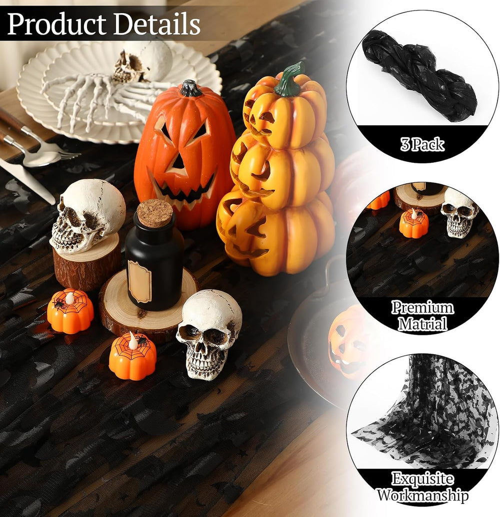 Lounsweer 6 Pcs Black Halloween Table Runner 10ft Bat Cheesecloth Tulle