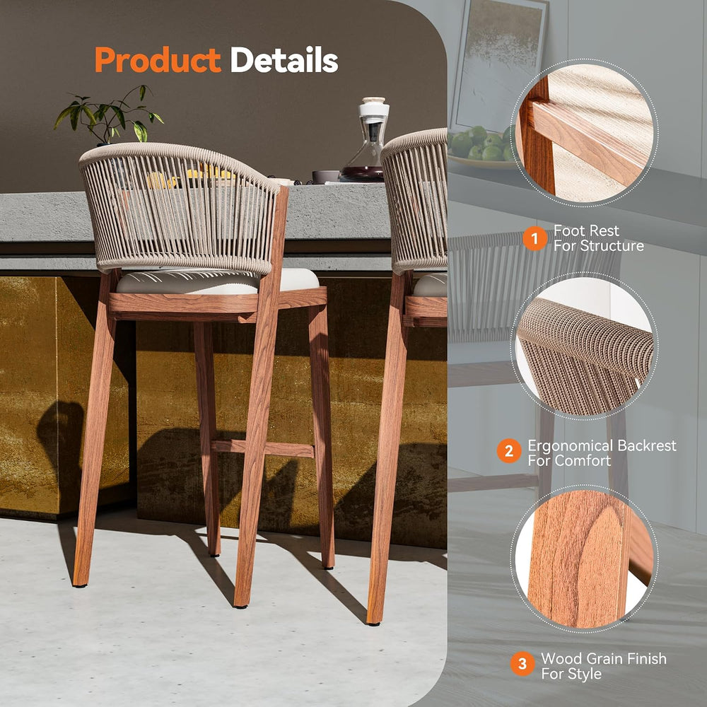 Modern Shade Chatham Outdoor Bar Stools Set of 2 with Rope Woven Backrest, Po...