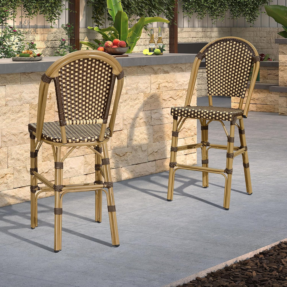 PURPLE LEAF Bar Stools French Rattan 30" Set of 4 High-Back, Brown