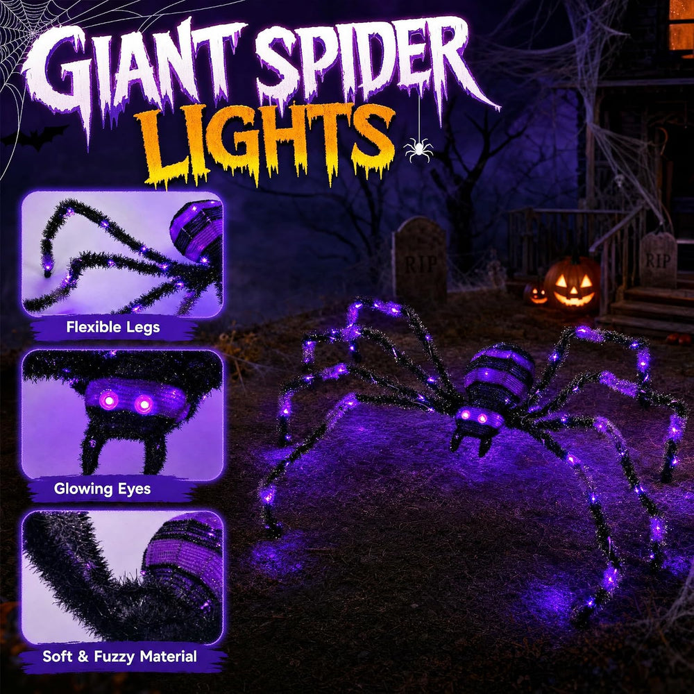 3 Pack Halloween Giant Spiders,4.1Ft Lighted Spider with 8 Lighting Modes