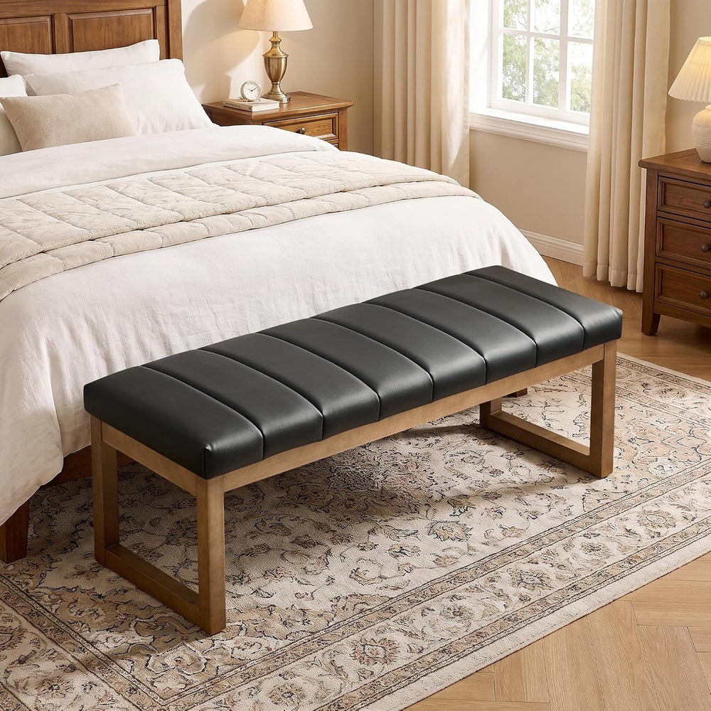 52.7" Bedroom Bench for End of Bed, Faux Leather Entryway Bench (Black-PU)