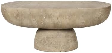 WILLIAMSPACE 36" Oval Coffee Table, Modern Faux Stone Circle Center Table Accent Travertine Tea Table for Living Room, Magnesium Oxide, Cream