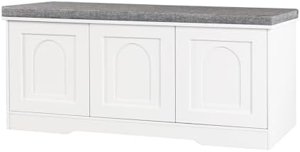 DINZI LVJ Shoe Storage Bench with Cushion, Door, White 39.4" LX17.7 H