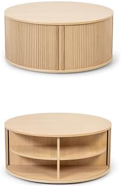 WERMO 35'' Round Coffee Table with Storage and Shelves - Round Center Table for Living Room and Office. Wood Mid Century Modern Coffee Tables for Living Room (Oak)
