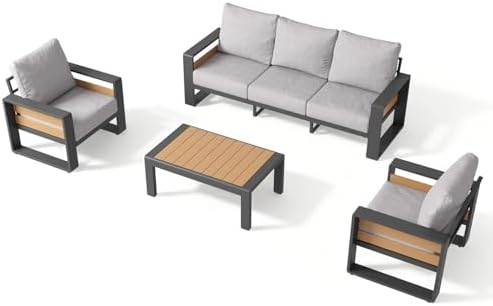 Aoxun Aluminum Patio Furniture Set, 5 Seats Luxury Outdoor Sectional with 6" Olefin Fabric Cushions, Patio Conversation Sets with Coffee Table for Backyard, Porch Light Grey