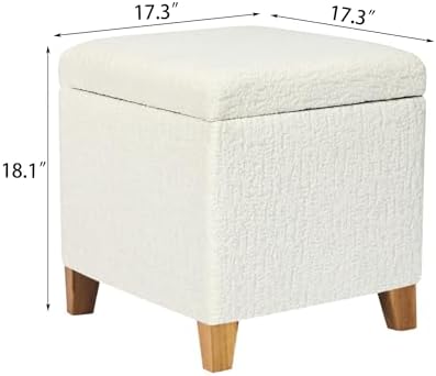 Adeco 18 Inch High Faux Fur White Cube Ottoman Storage, 3D Embossed Velvet Chair Foot Stools, Upholstered Vanity Stool with Hinged Lid, Solid Wood Legs