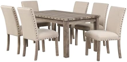 Modern Fort 7-Piece Farmhouse Dining Table Set for 6, 60" Rectangular Wood Dining Table with 6 Upholstered Chairs, Nailhead Trim, Kitchen Table with Chairs Set for Dining Room & Breakfast Nook