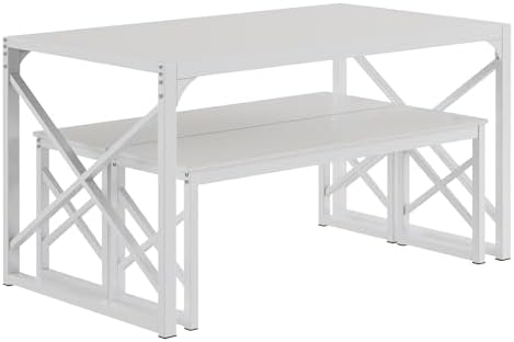 VECELO 55” Kitchen Dining Table Set for 4, Heavy-Duty Steel Frame & Wood-Grain Tabletop, Space-Saving Dinette Sets with 2 Benches for Breakfast Nook and Small Space, White