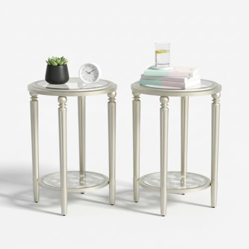 SUNBURY Set of 2 Modern End Tables with Tempered Glass Tops & Glass Lower Shelves, MDF Nightstands for Living Room, Bedroom, Dining Room (Champagne)
