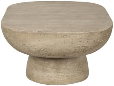 WILLIAMSPACE 36" Oval Coffee Table, Modern Faux Stone Circle Center Table Accent Travertine Tea Table for Living Room, Magnesium Oxide, Cream