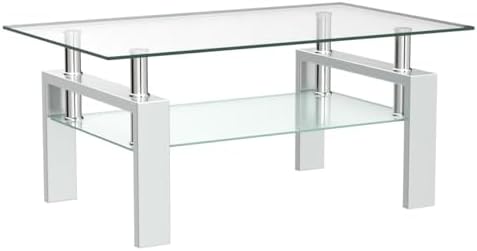 Glass Coffee Table for Living Room, Modern Coffee Table with Transparent Tempered Glass Top and White Metal Legs, Rectangle Tea Table for Home