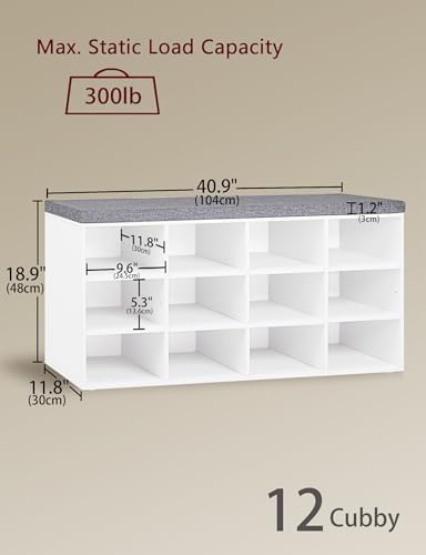 DINZI LVJ Shoe Storage Bench with Cushion, 40.9" Cubby Shoe Rack, 12-Cubby