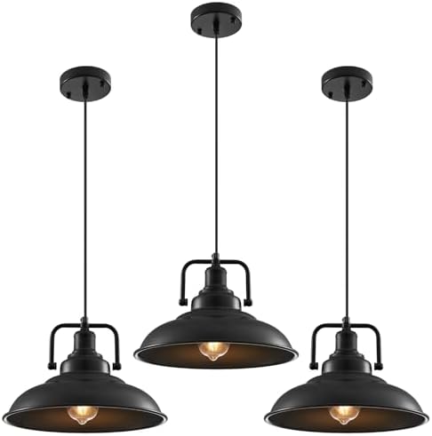 Black Pendant Light 12.5 inches 3 Packs, Farmhouse Pendant Light, Industrial Pendant Lighting, Kitchen Pendant Lights, Pendant Lights Kitchen Island for Dinning Room Entryway Barn