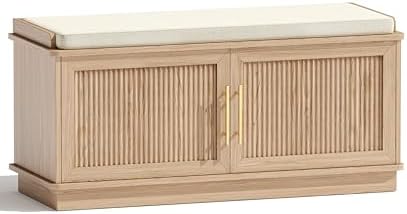 Akxomel 39.4" Fluted Shoe Storage Bench 2 Doors Wooden Entryway Bench Oak