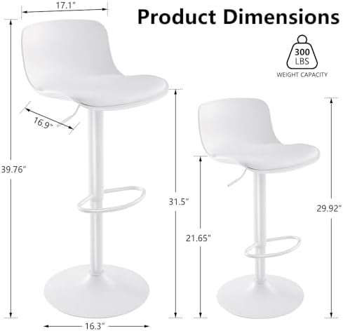 Kidol & Shellder Bar Stools Set of 2 Adjustable Swivel Counter Height Stools, Modern PU Leather Upholstered with Back Solid Color Barstools for Kitchen Island White
