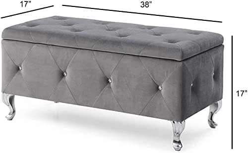 AC Pacific Glam 38 Inches Storage Ottoman Bench for Entryway, Hallway, Living Room, and Bedroom, Upholstered Tufted Faux Leather Ottoman with Storage, Foot Rest and Organizer, Fossil Gray