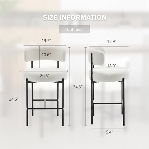 Cinxzar Boucle Bar Stools Set of 3, White Counter Height Bar Stools with Backs, Modern Barstools for Kitchen Island, Pub, Club