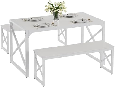 VECELO 55” Kitchen Dining Table Set for 4, Heavy-Duty Steel Frame & Wood-Grain Tabletop, Space-Saving Dinette Sets with 2 Benches for Breakfast Nook and Small Space, White