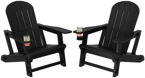 Shintenchi Adirondack Chairs Set of 2,HDPE Adirondack Chairs w/Removable Tablelop & Umbrella Hole,All-Weather Wooden Textured Plastic Outdoor Chairs w/Cup Holders for Garden Backyard Pool,Black